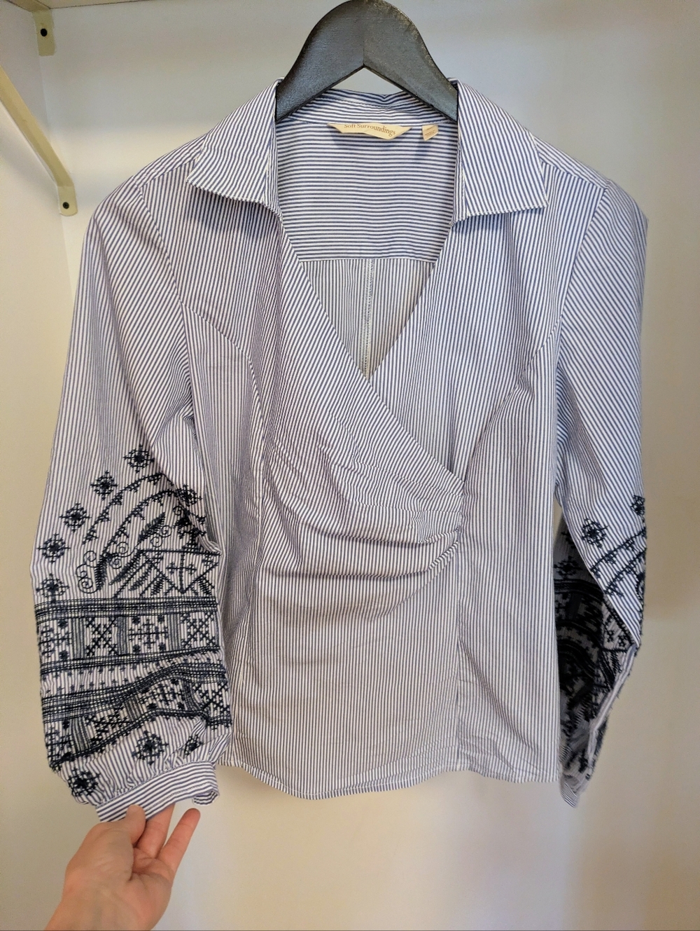 Striped Wrap Blouse with Embroidered Sleeves - Blue & White